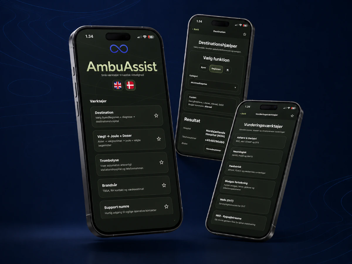 AmbuAssist vist på smartphones med kliniske værktøjer, vurderingsstøtte og destinationsvejledning